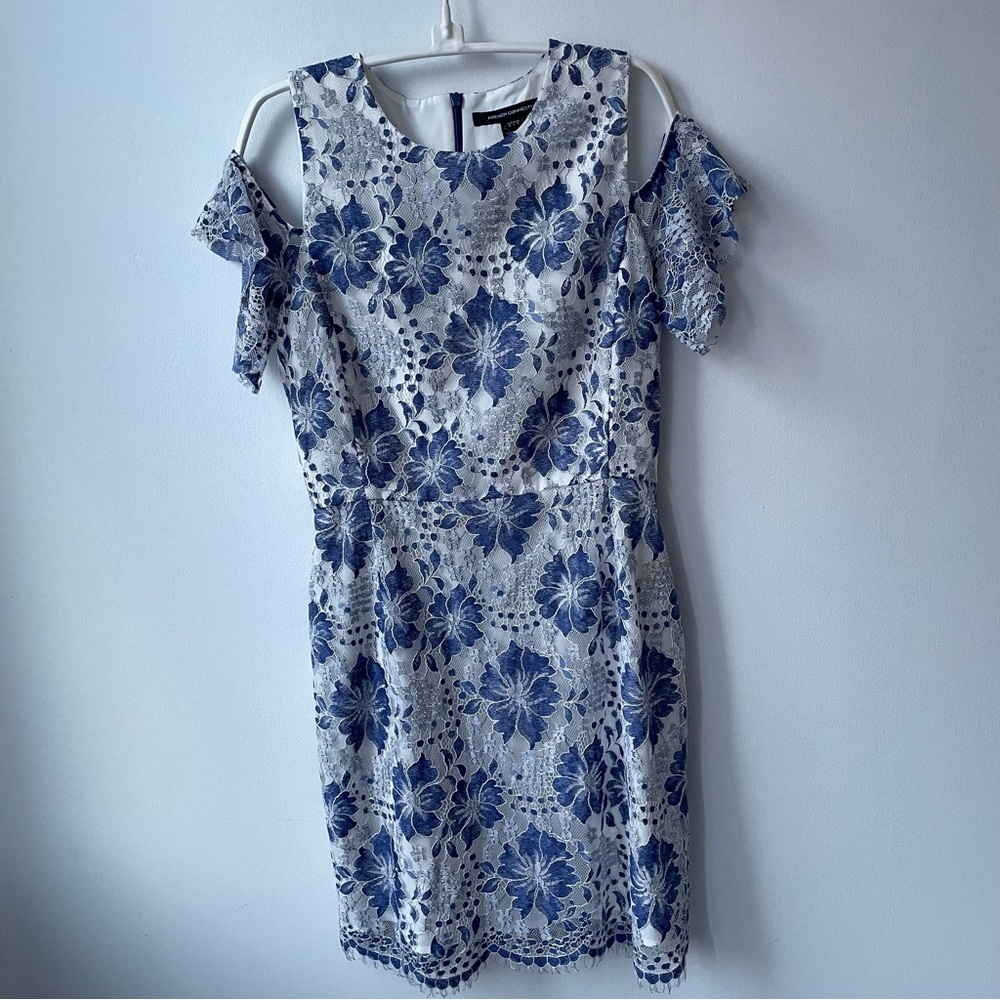 French Connection Blue White Lace Dress Size 6.